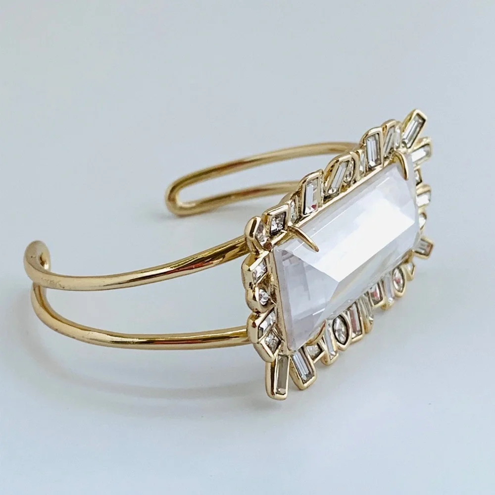 ALEXIS BITTAR • NEW Gold & white Oversized Crystal Framed Baguette Cuff Bracelet - Picture 1 of 13